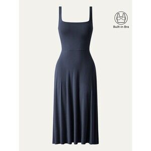 OGL Move SkinKiss® Square Neck Flowy New Airy Brami Midi Dress Navy Blue Size XL